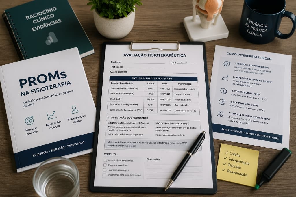 Mesa de trabalho com documentos clínicos, prancheta de Avaliação Fisioterapêutica e guias visuais para interpretar PROMs na fisioterapia
