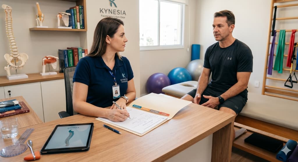 Fisioterapeuta realizando avaliação clínica e preenchendo o prontuário fisioterapêutico do paciente