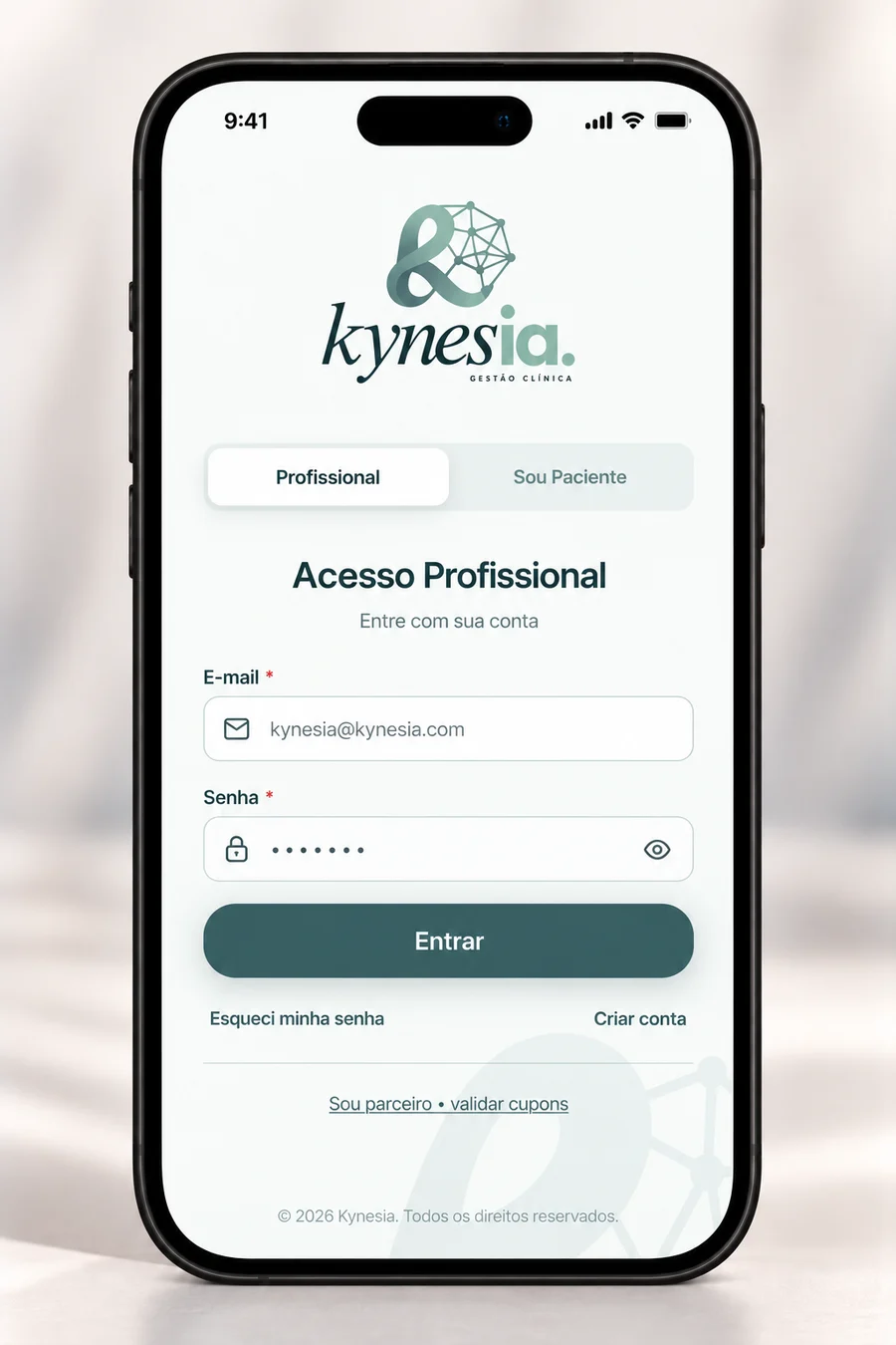Tela de login do Kynesia