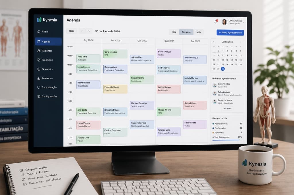 Interface do sistema Kynesia mostrando a agenda online de fisioterapia em um monitor de computador