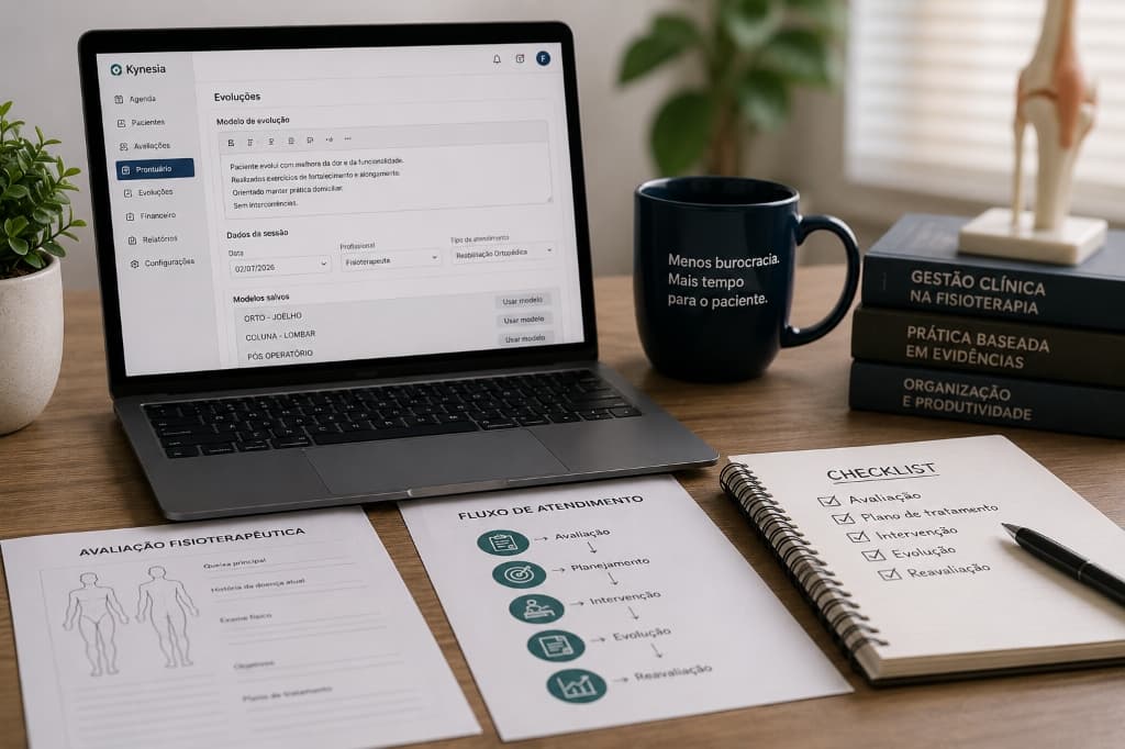 Mesa de trabalho clínica com notebook exibindo o sistema de prontuário eletrônico Kynesia com modelos estruturados, xícara com lema de menos burocracia e checklists físicos de fluxo de atendimento
