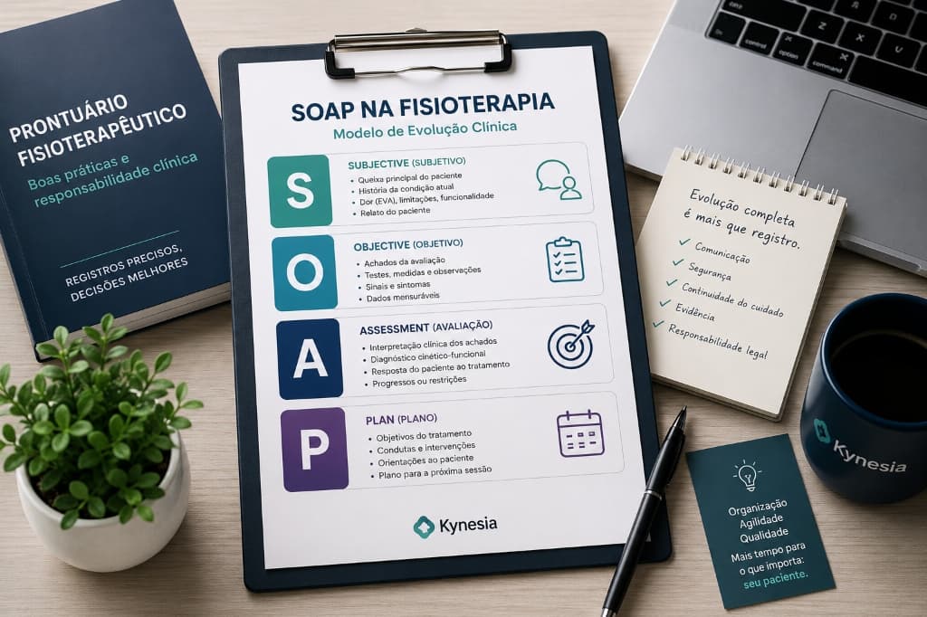 Mesa de trabalho clínica com prancheta ilustrando a divisão do método SOAP (Subjetivo, Objetivo, Avaliação, Plano) na fisioterapia, livros sobre prontuário e caderno de metas de evolução